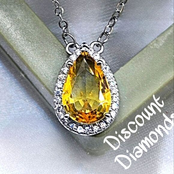 Yellow Sapphire & White Baguette Diamond Pendant Necklace on 925 Sterling Silver